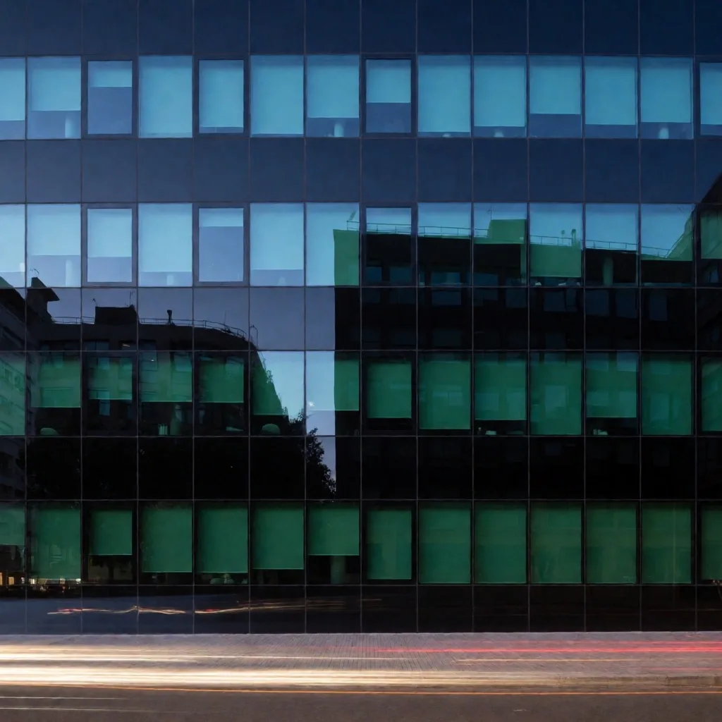 Fachada de edificio de oficinas al anochecer