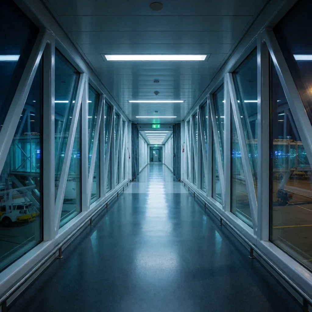 Pasillo de embarque en aeropuerto de noche